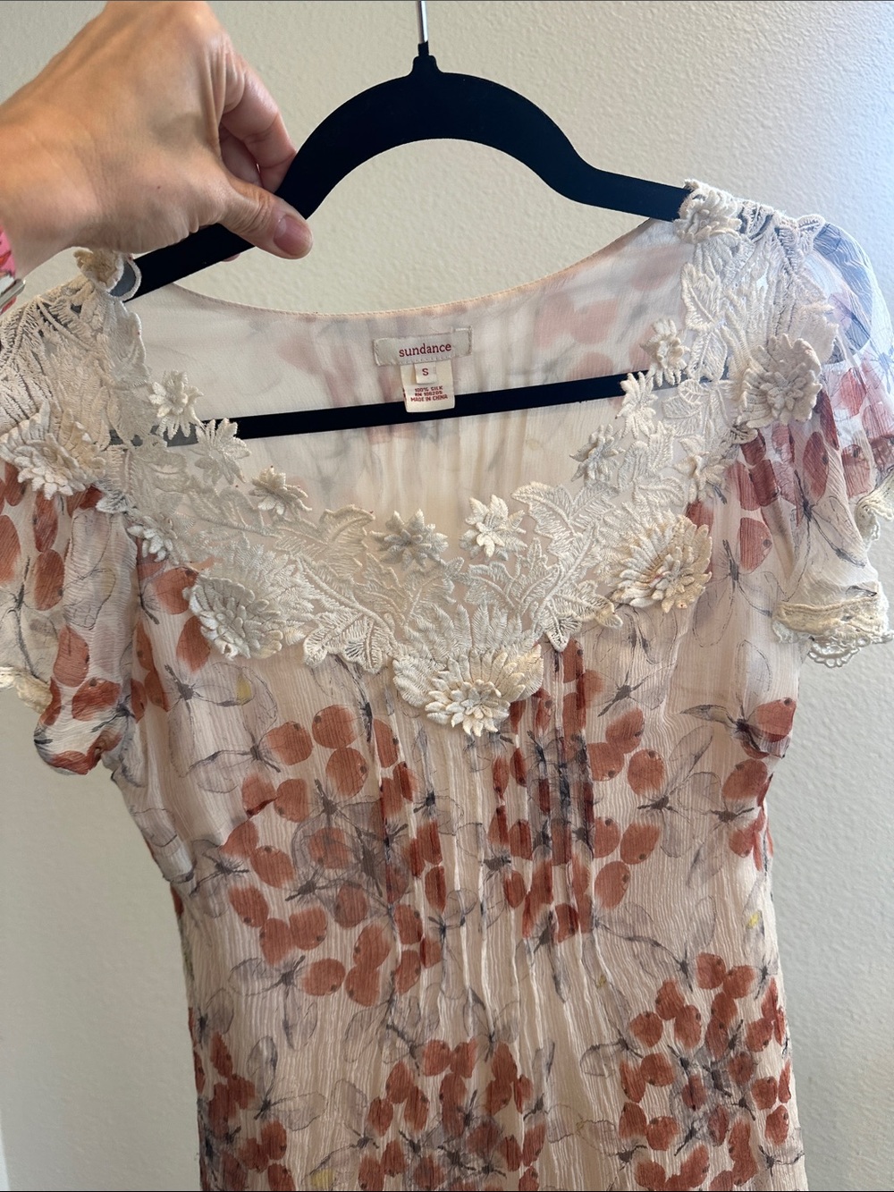Sundance 100% Silk Embroidered Floral Dress Boho Cottagecore Romantic Lace